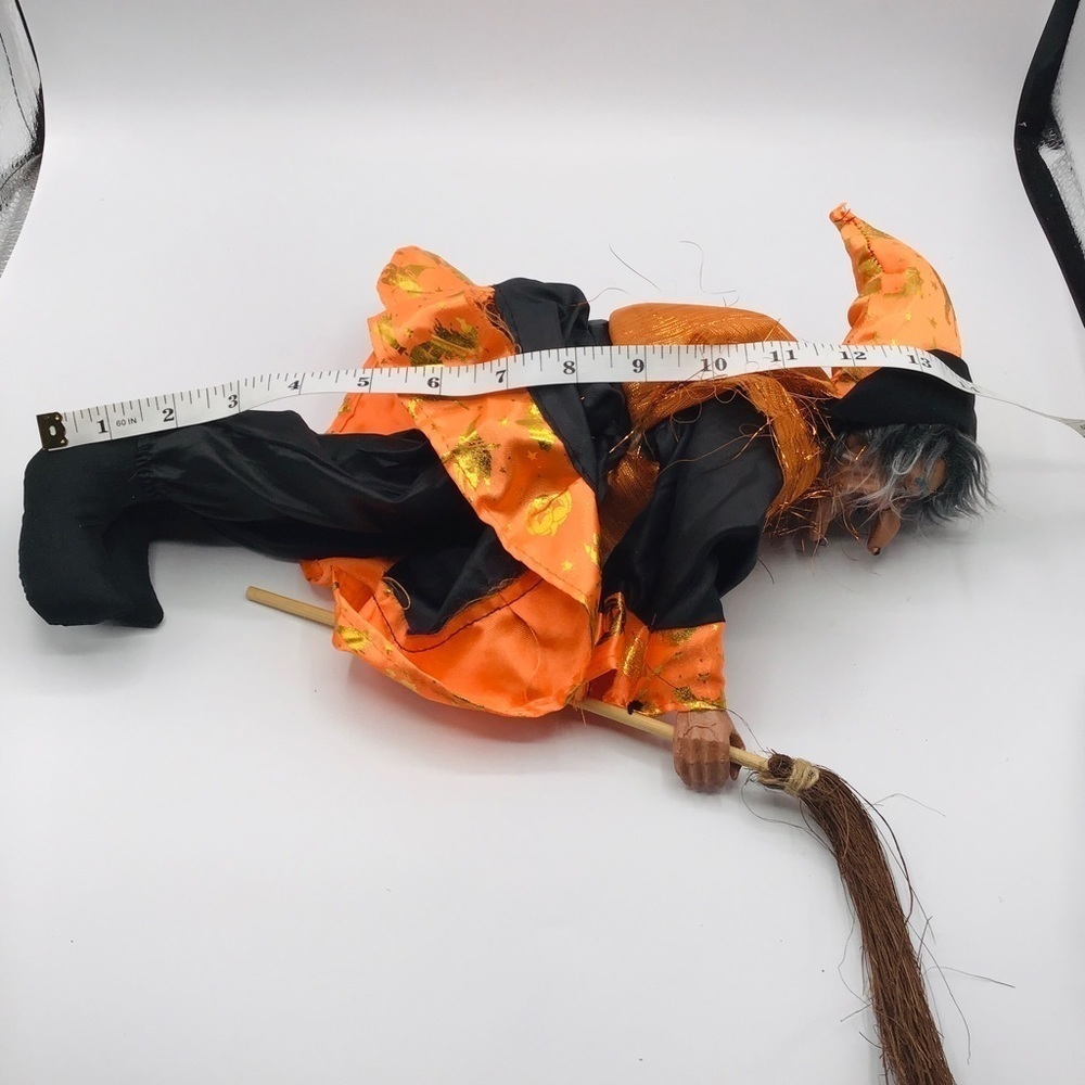 Halloween Witch 13” Doll Figure Whimsy Shelf Sitter Black Orange Dress Broom - Picture 8 of 8